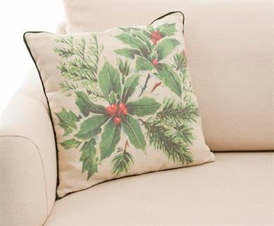 Yılbaşı Kokina Yaprak Baskılı Biyeli 45x45 cm Kırlent Kılıfı