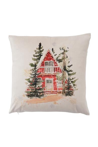 Noel Evi Temalı Krem Kadife Yılbaşı Kırlent