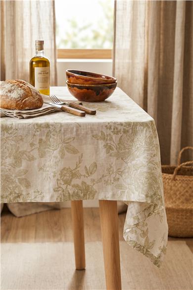 Romantic Floral Çiçek Desenli Yeşil Masa Örtüsü