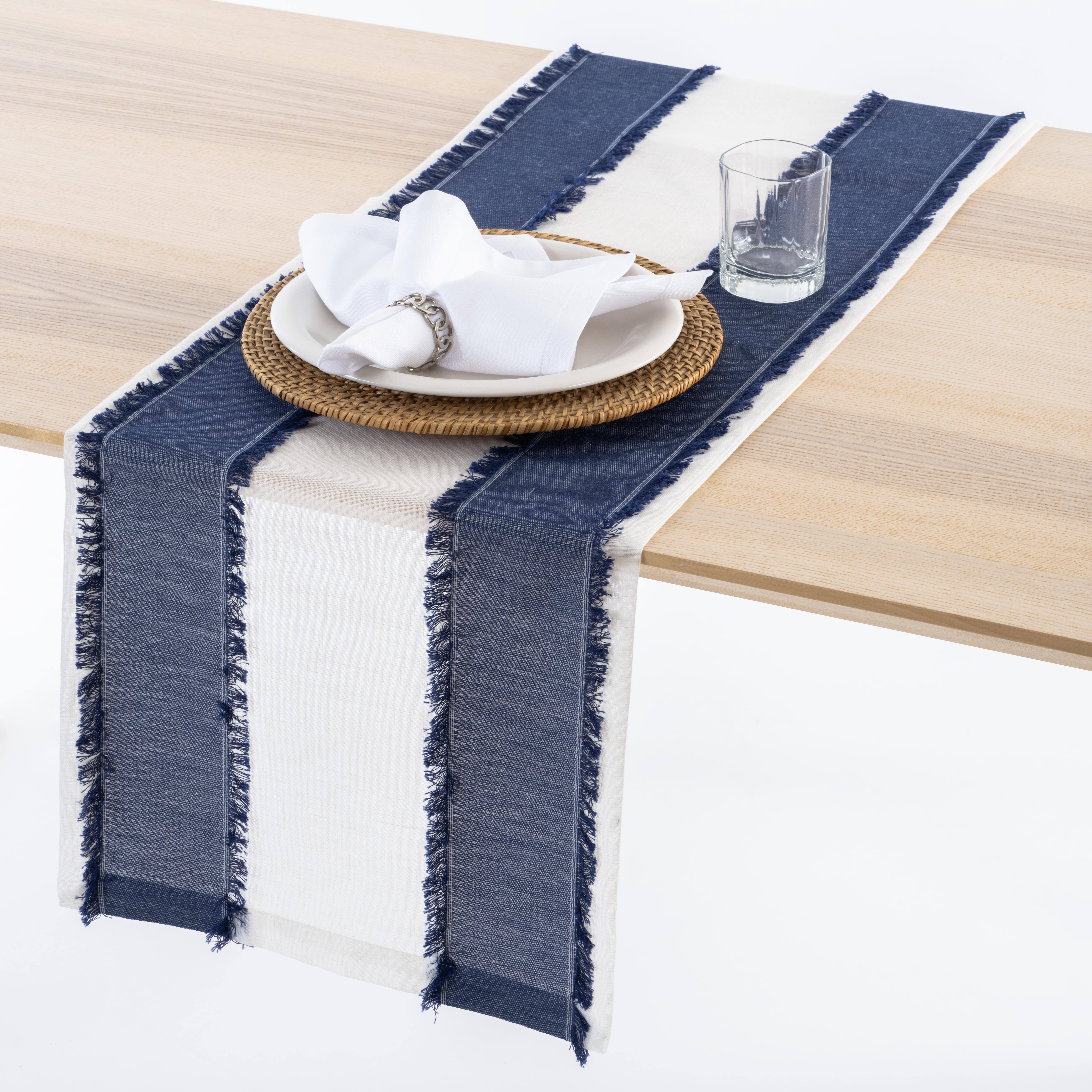 Beyaz Keten Üzerine Mavi Saçaklı Parça Kumaş Dikişli 40x180 Runner Masa Bandı CVICB1C07JM09711ET-0101