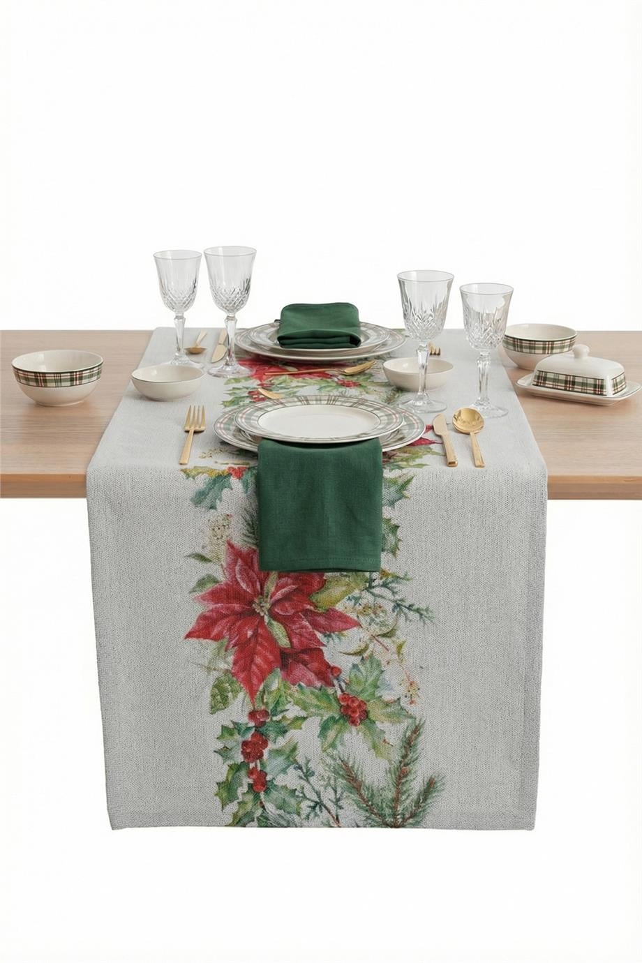 Kırmızı Poinsettia Detaylı Yılbaşı Masa Bandı