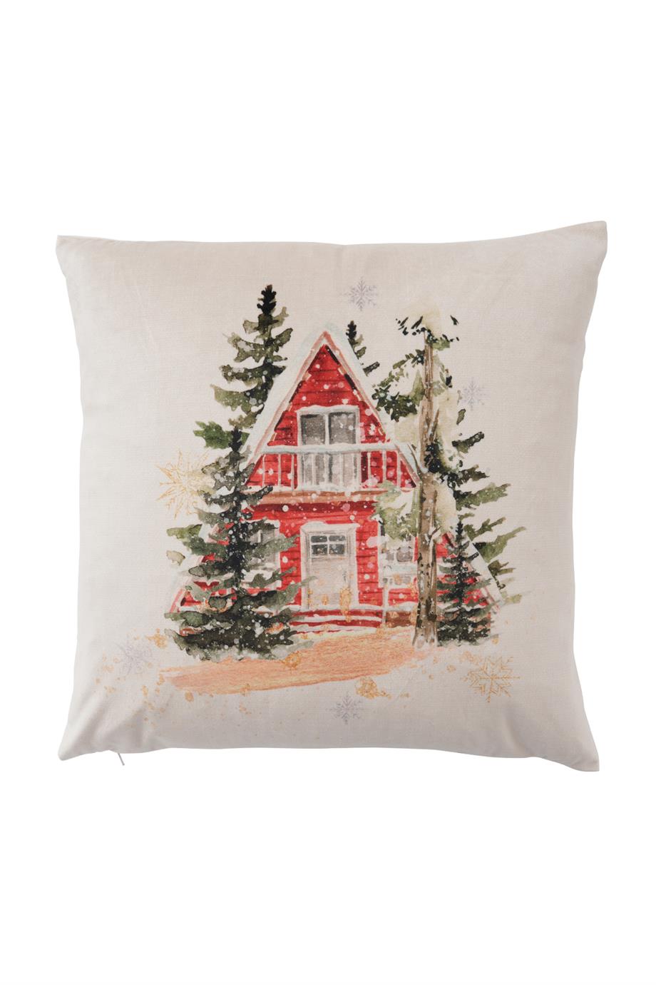 Noel Evi Temalı Krem Kadife Yılbaşı Kırlent
