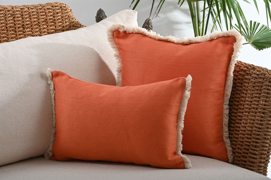Vanelli Home Bej fırfırlı Oranj Keten 2 Li Kırlent Kılıfı Kombini