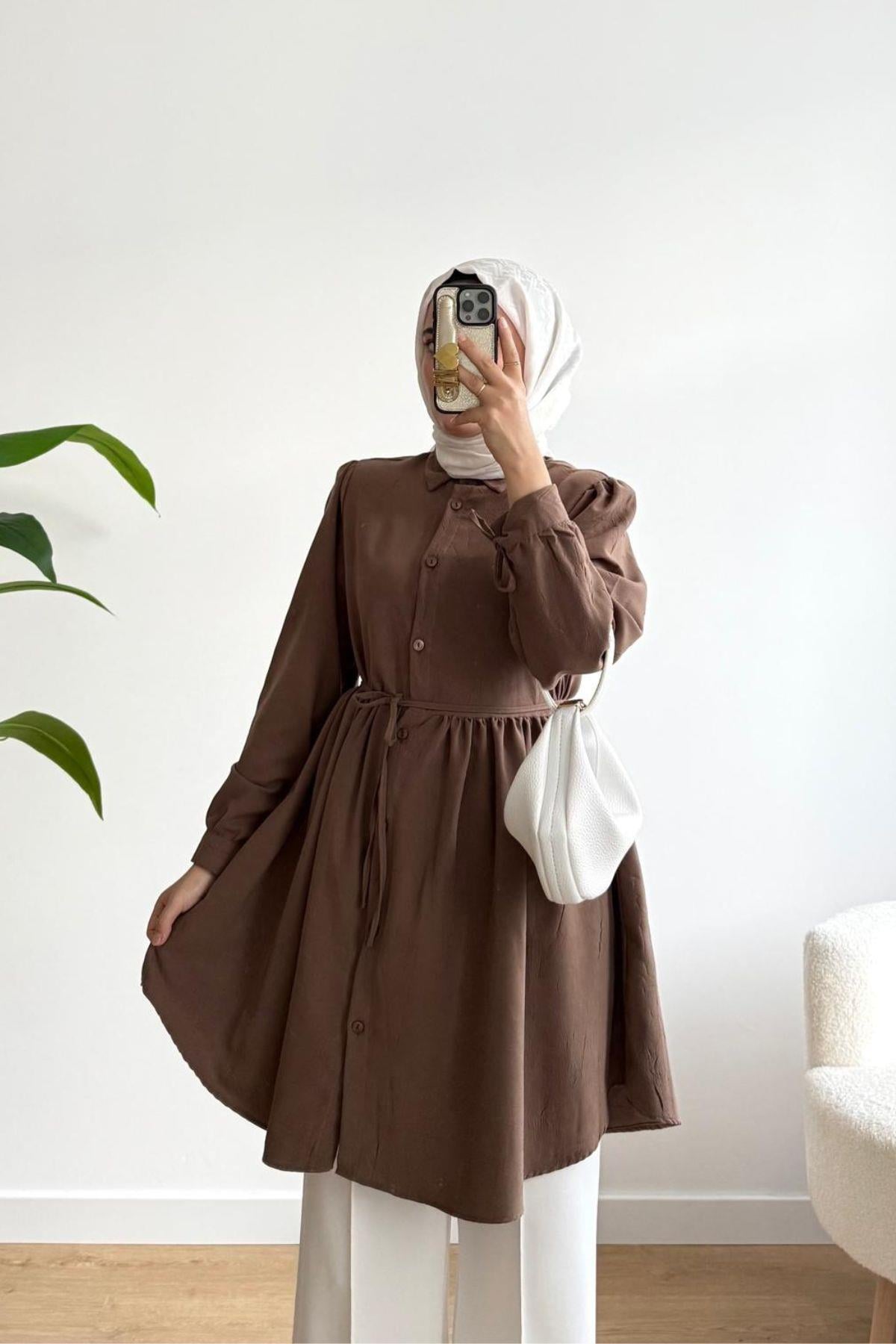 ACI KAHVE KUŞAKLI GÖMLEK