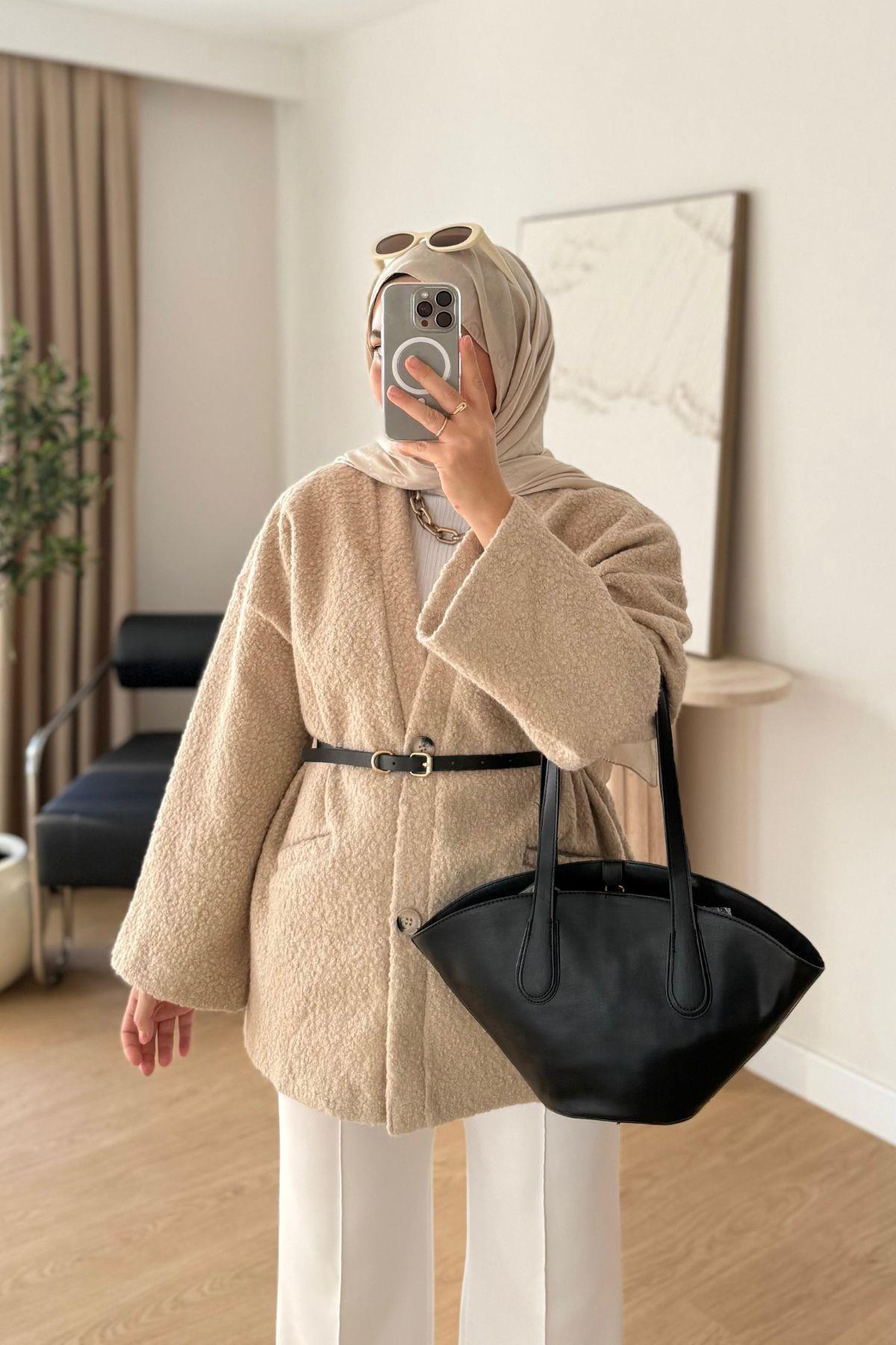 BEJ KEMERLİ TEDDY KUMAŞ CEKET