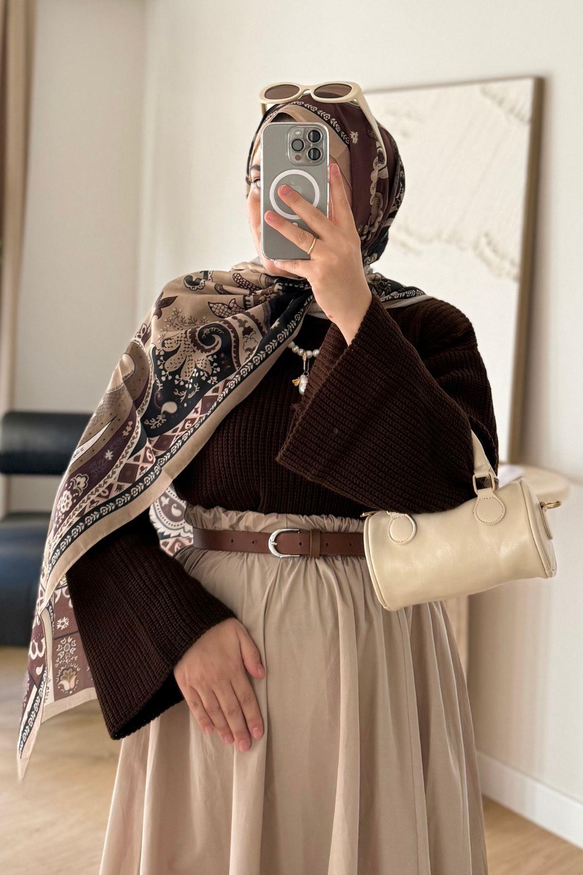 BEJ ŞERİTLİ KAHVE ETNİK DESEN ŞAL