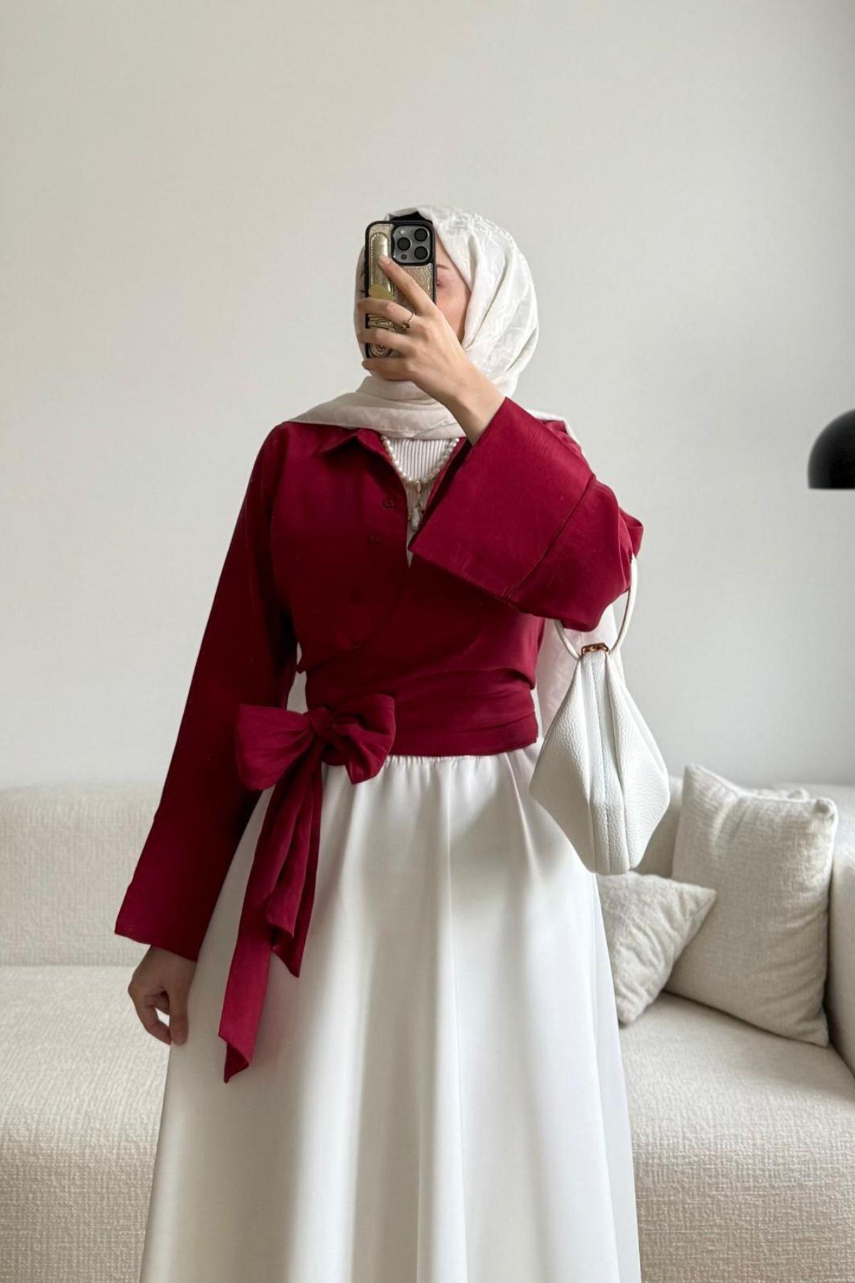 BORDO BAGLAMA DETAYLI TASARIM GÖMLEK
