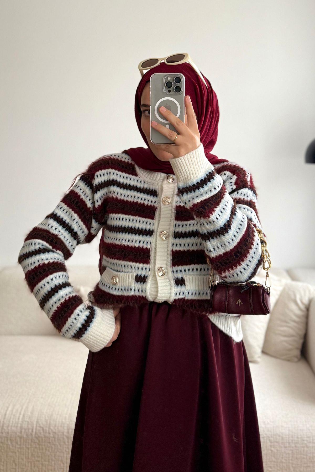 BORDO ÇİZGİLİ HIRKA