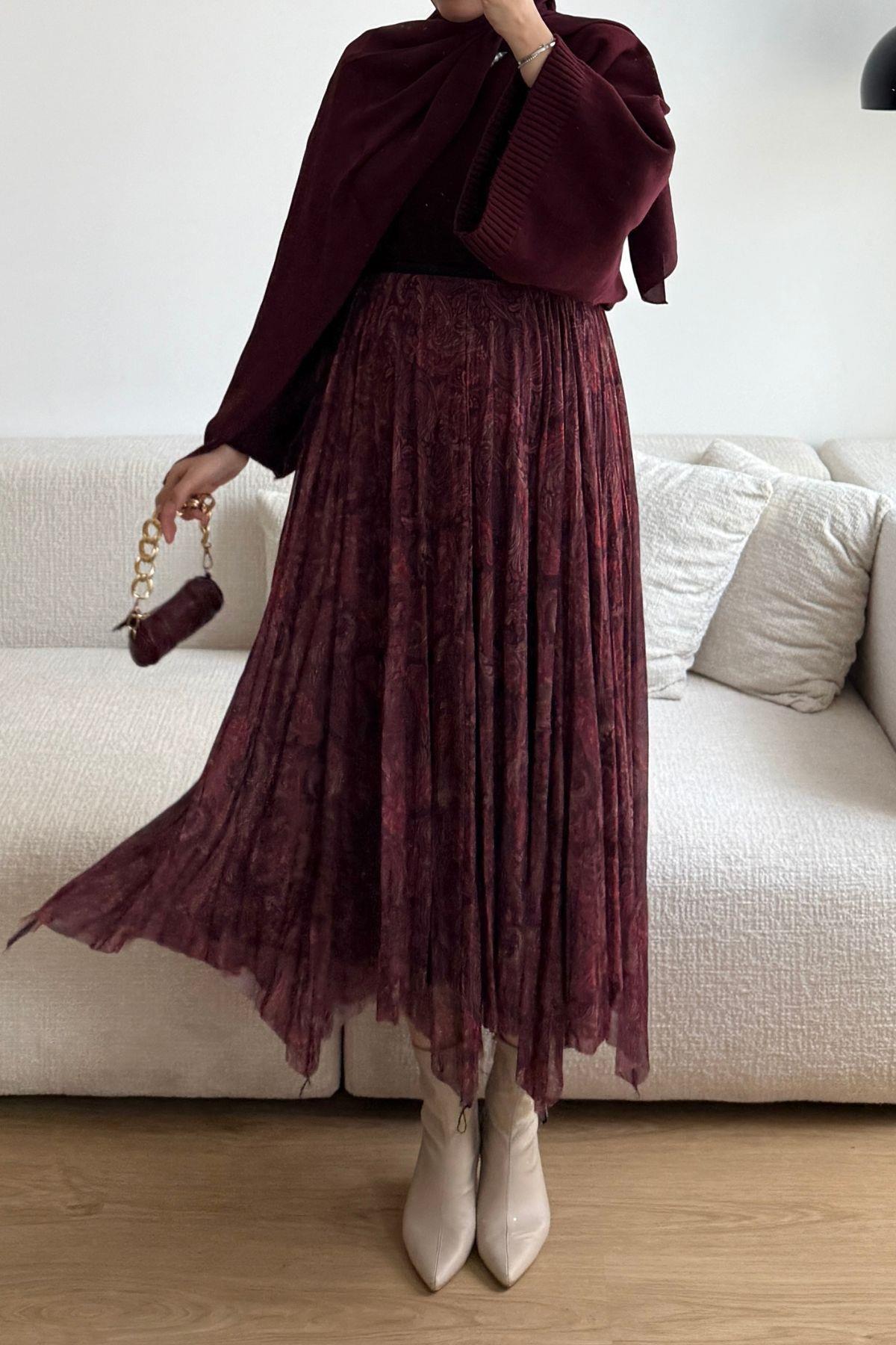BORDO ETNİK DESEN ŞİFON ASİMETRİK ETEK 