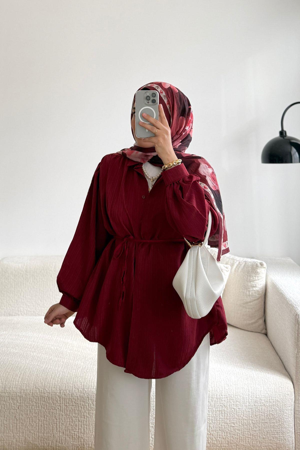 BORDO GİZLİ PAT KUŞAKLI BASİC GÖMLEK