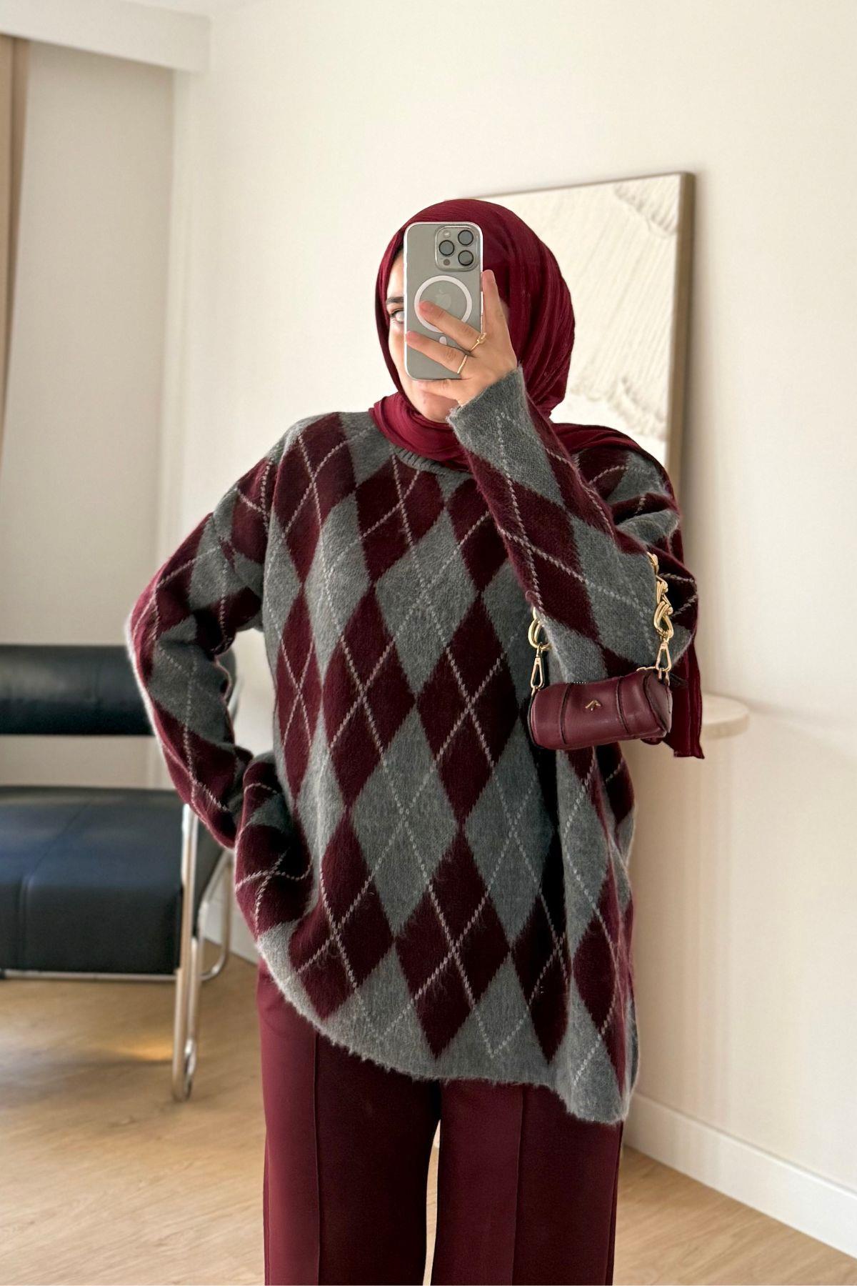 BORDO GRİ BAKLAVA DESEN UZUN KAZAK