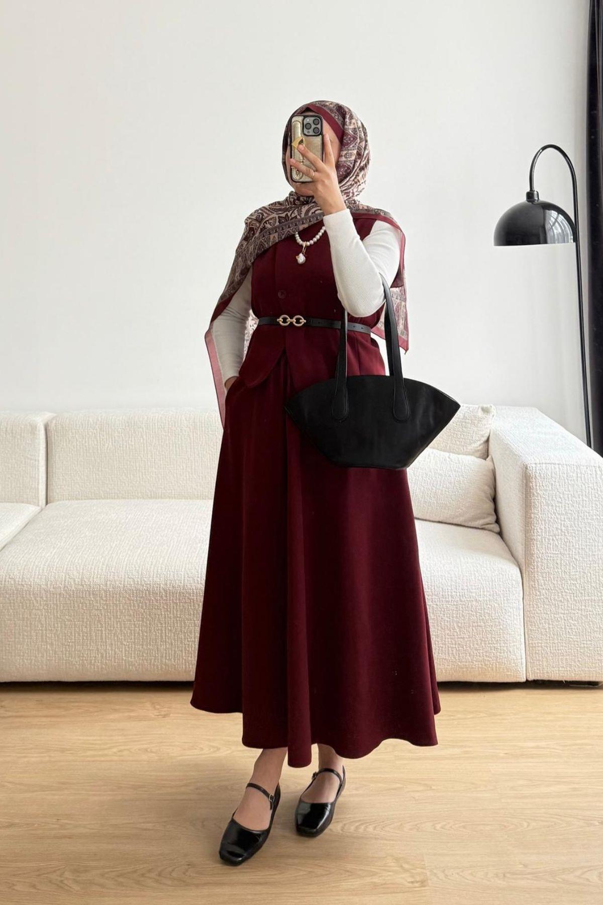 BORDO KEMERLİ YELEKLİ ETEKLİ TAKIM