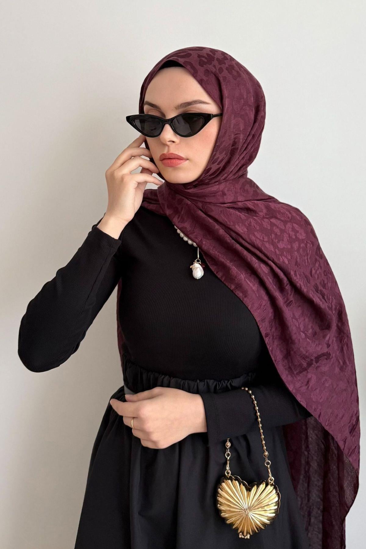 BORDO LEOPAR DESENLİ PREMİUM JAKAR ŞAL