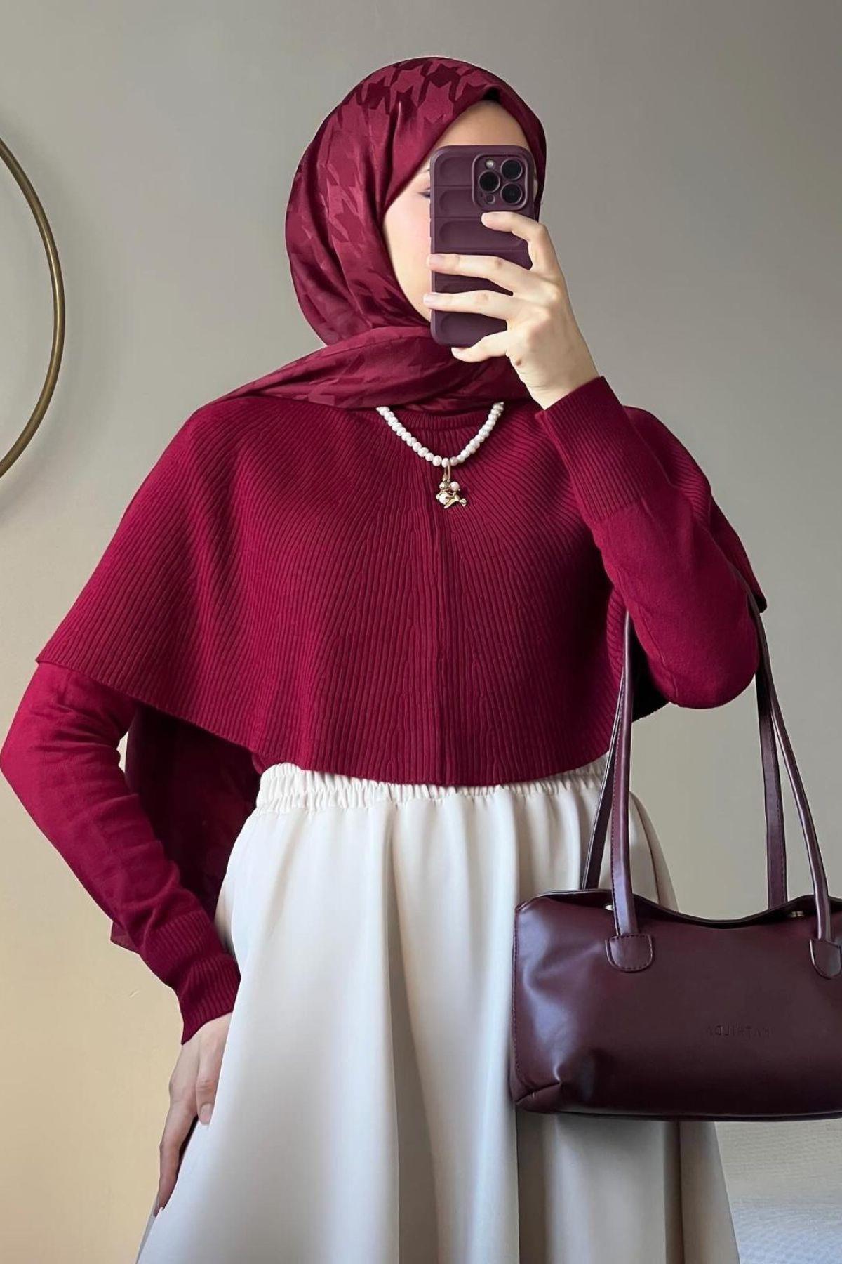 BORDO PELERİN DETAYLI KAZAK