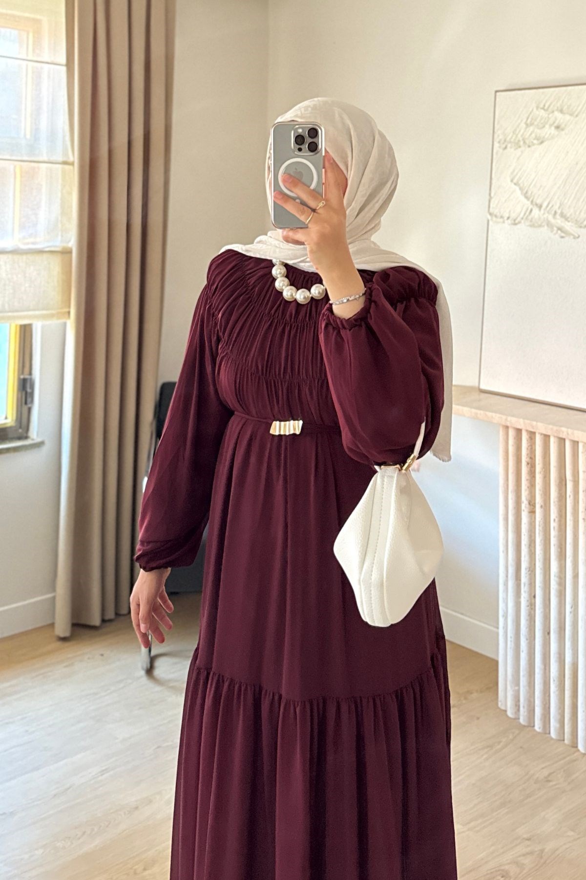BORDO POLY ŞİFON ELBİSE