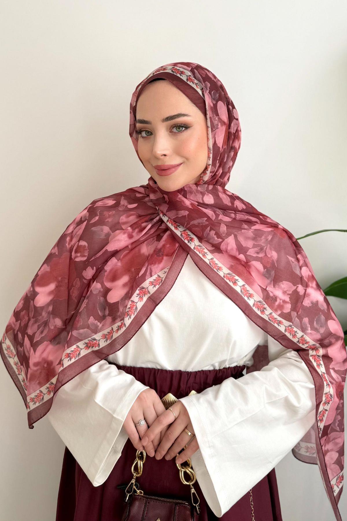 BORDO ŞERİTLİ ÇİÇEK DESENLİ ŞAL