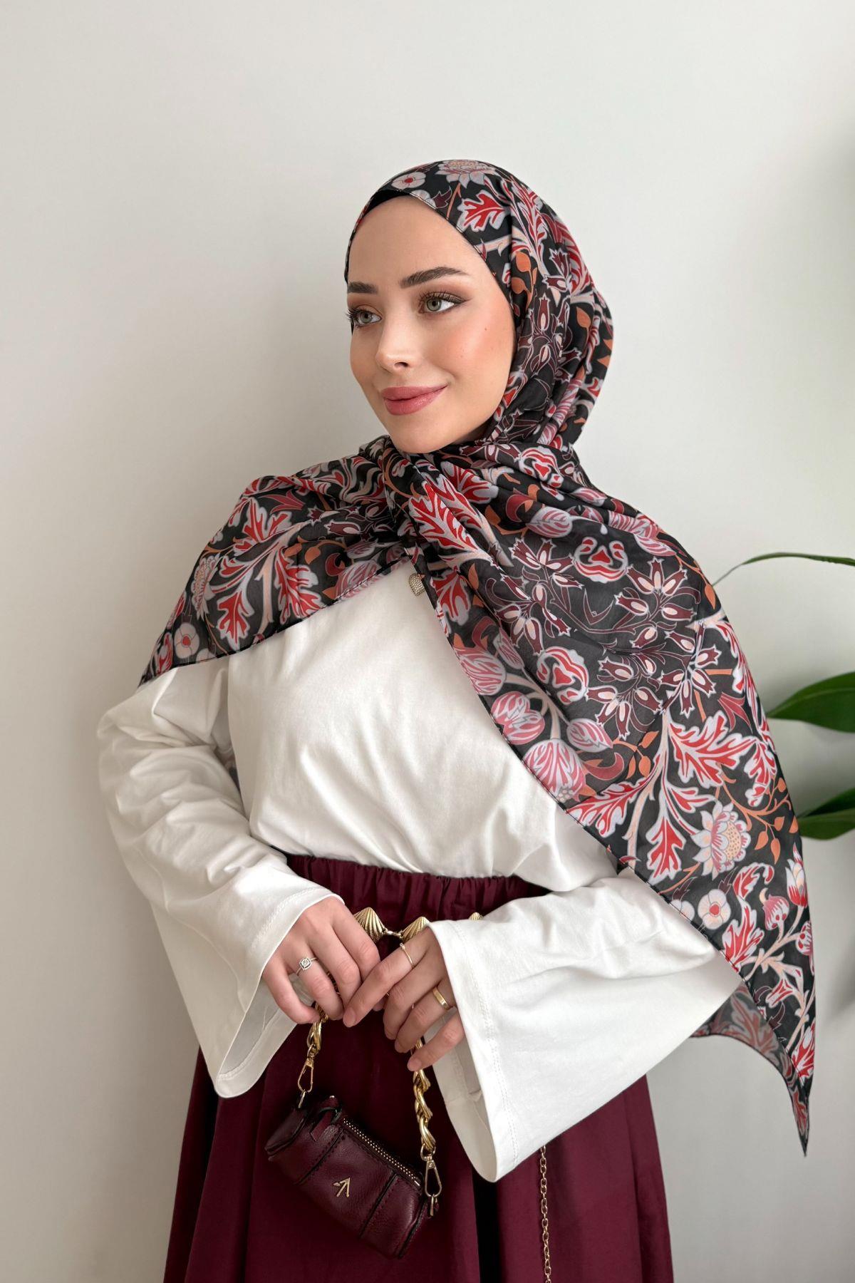 BORDO SİYAH KÜÇÜK YAPRAK DESENLİ ŞAL