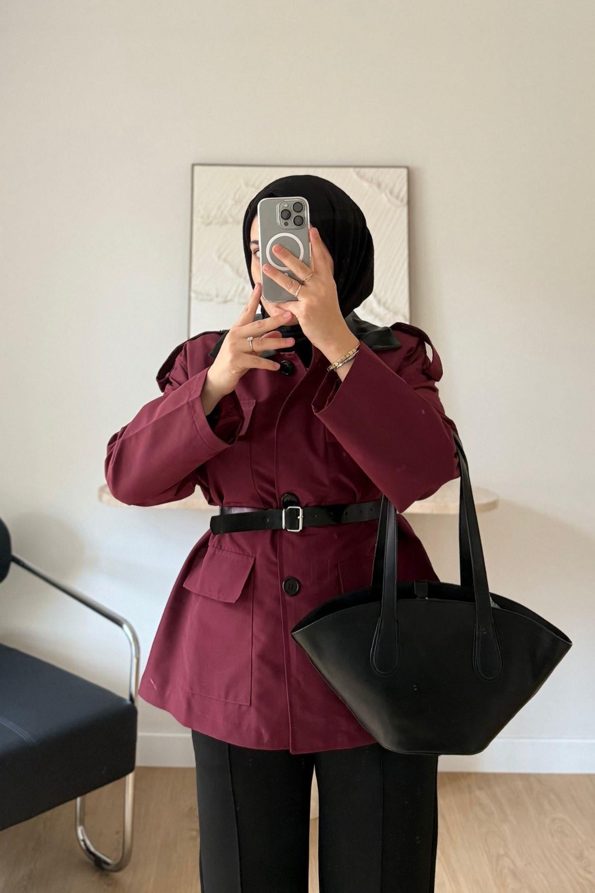 BORDO YAKA DERİ DETAYLI KEMERLİ CEKET