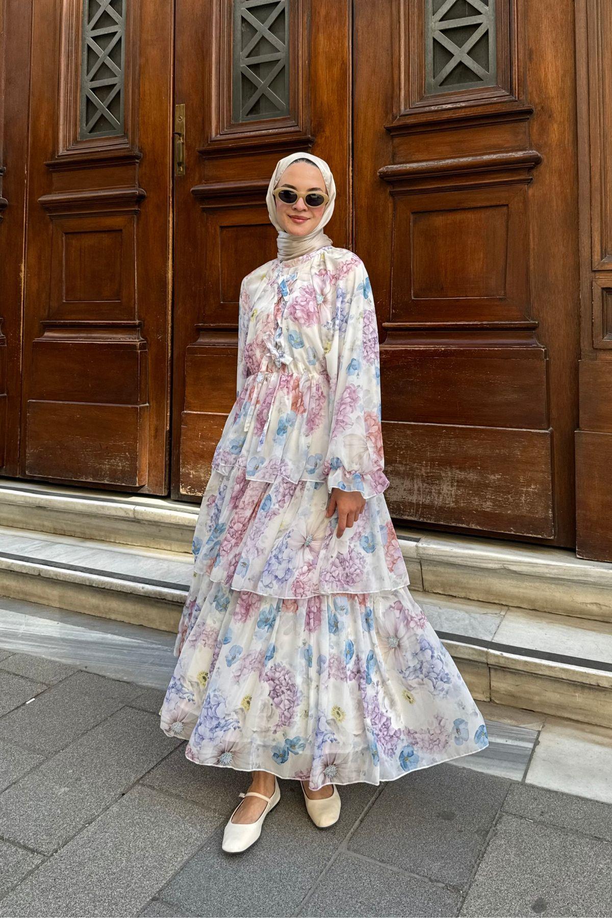 ÇİÇEKLİ ŞİFON ELBİSE 