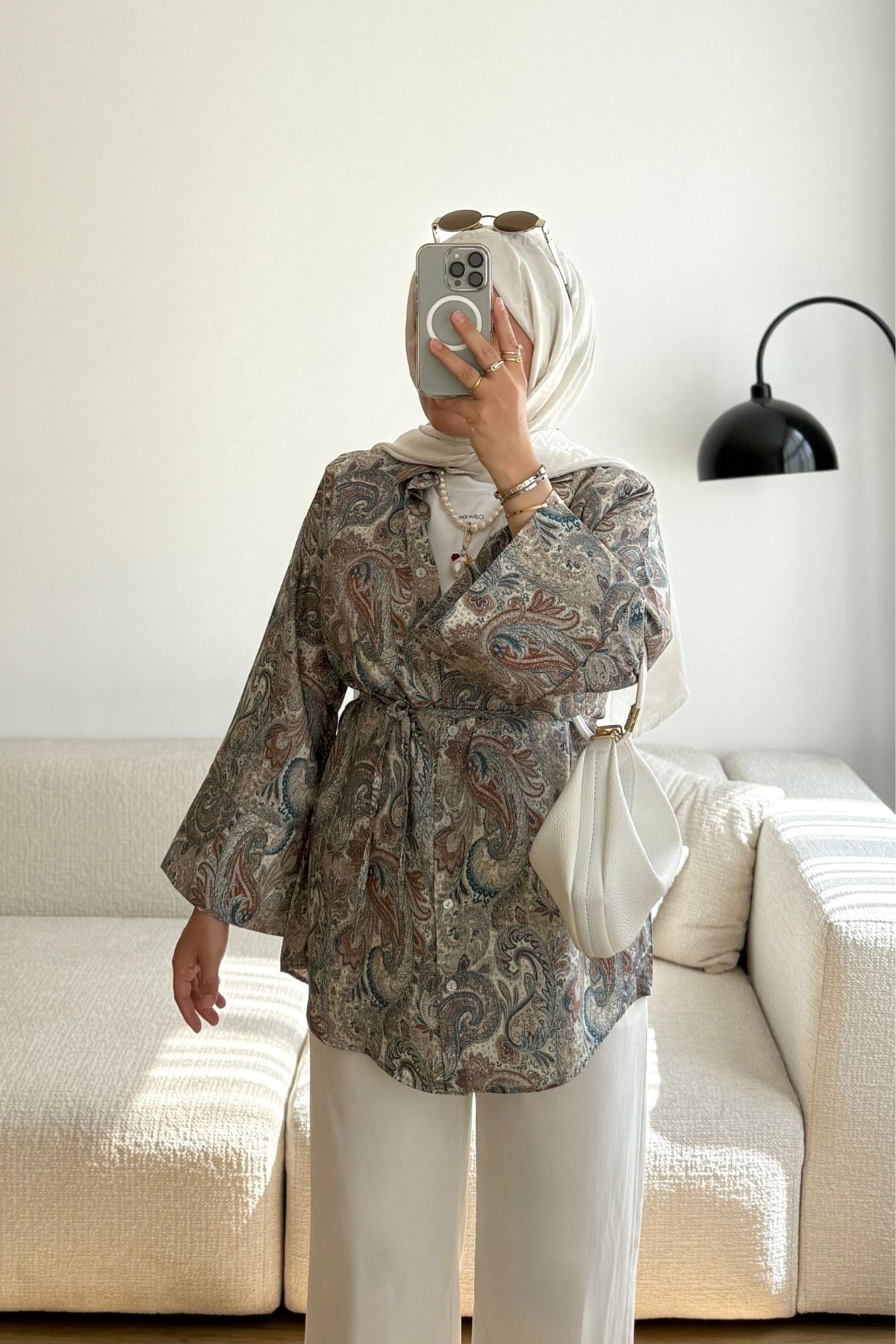 GRİ ALEX ETNİK DESEN BELDEN İPLİ KOL DETAYLI GÖMLEK