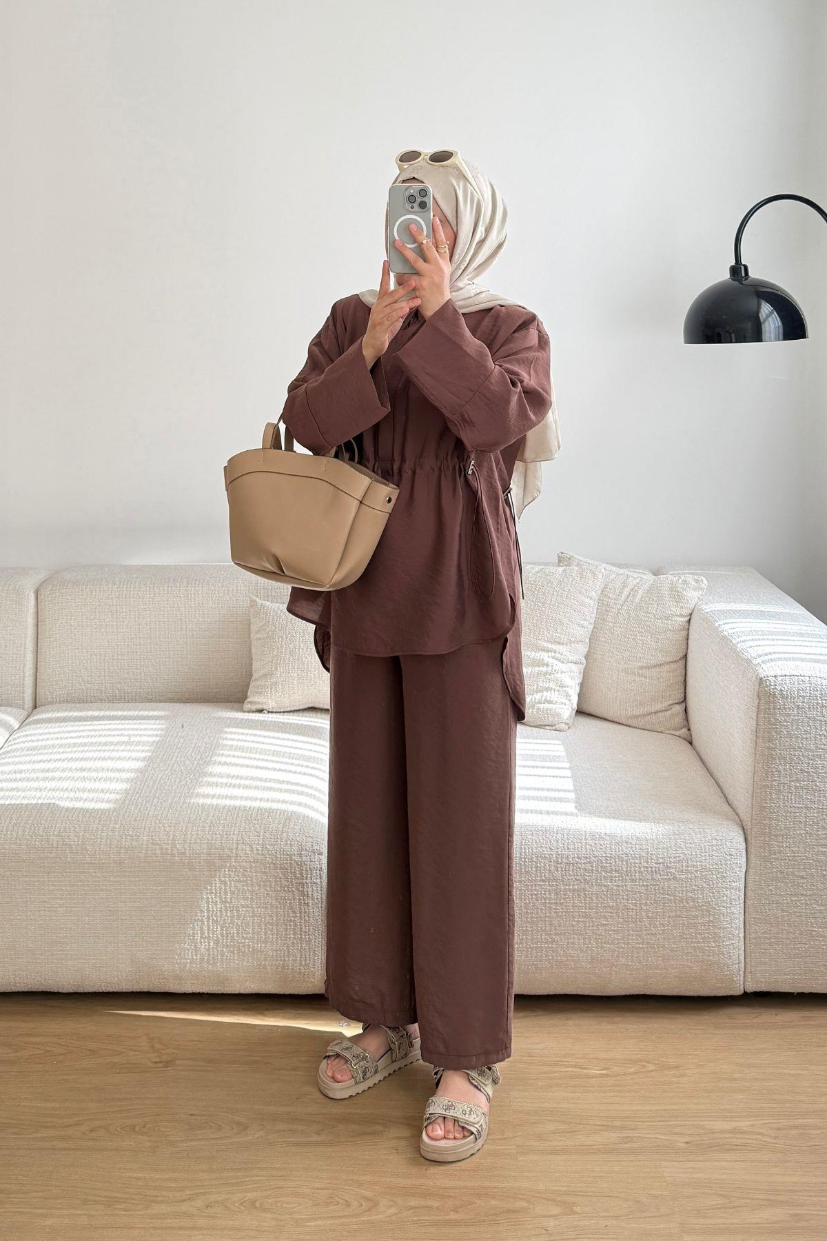 KAHVE GİZLİ KUŞAKLI PANT TAKIM