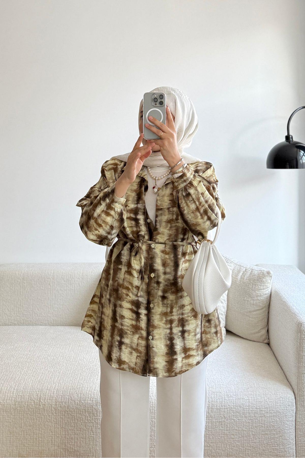 KAHVE LİLYUM BATİK DESEN GÖMLEK