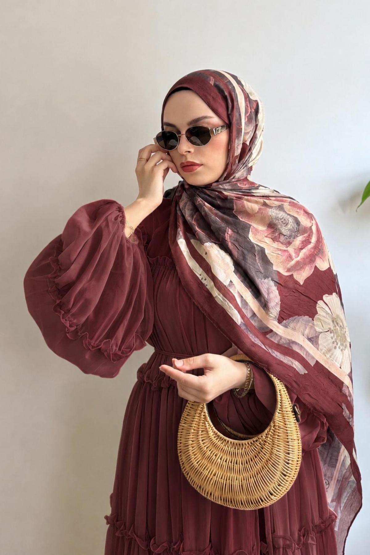 KİREMİT GÜL VE DAHLİA ÇİÇEKLİ ŞAL