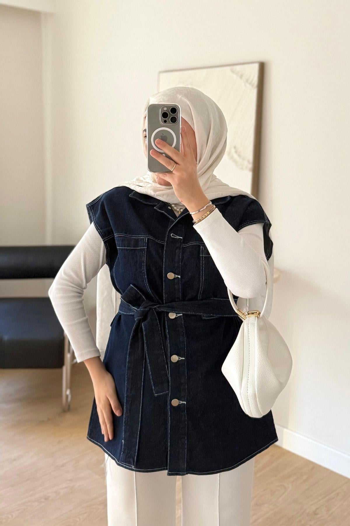 KOYU MAVİ KOT YELEK CEKET