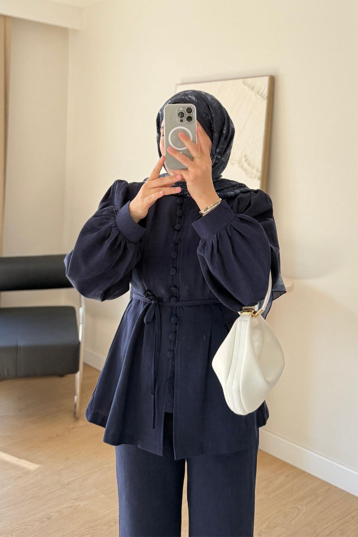 LACİVERT COMFORT GÖMLEK PANT KETEN TAKIM