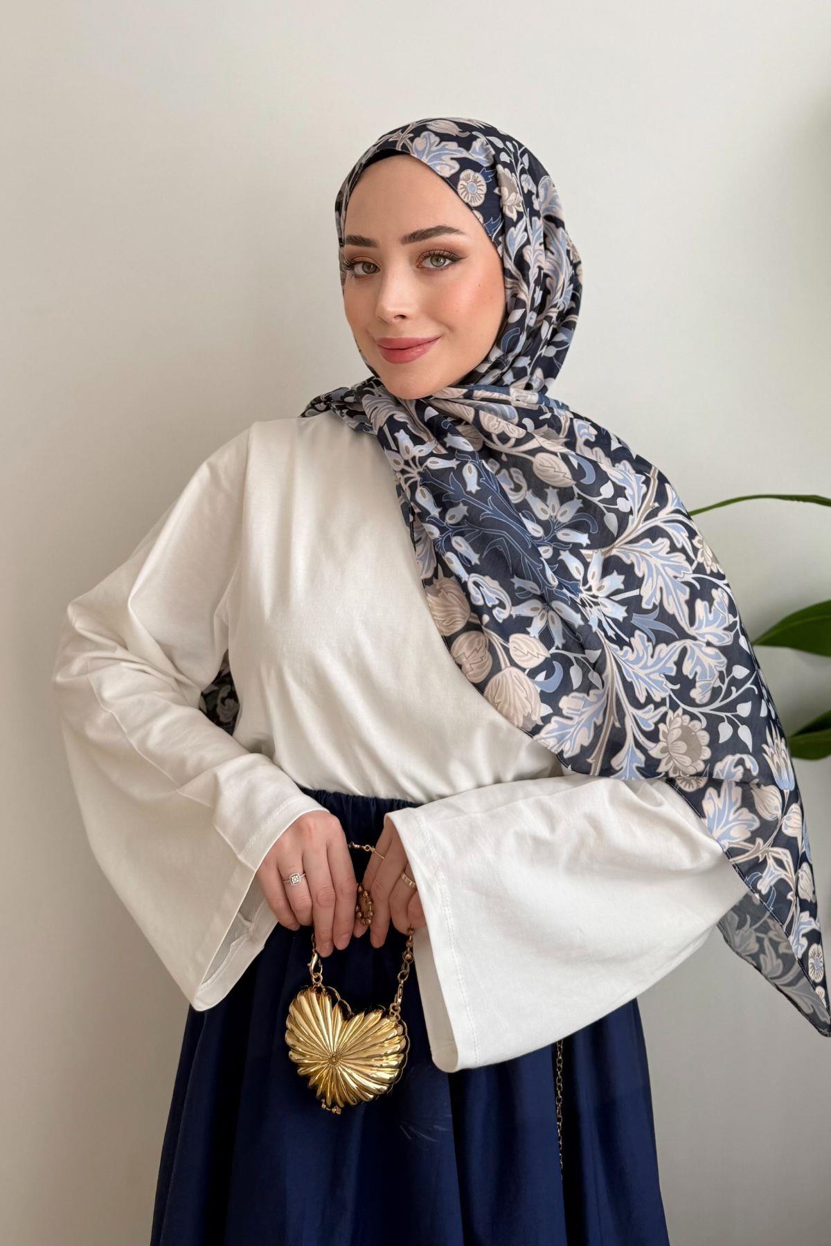 LACİVERT KÜÇÜK YAPRAK DESENLİ ŞAL
