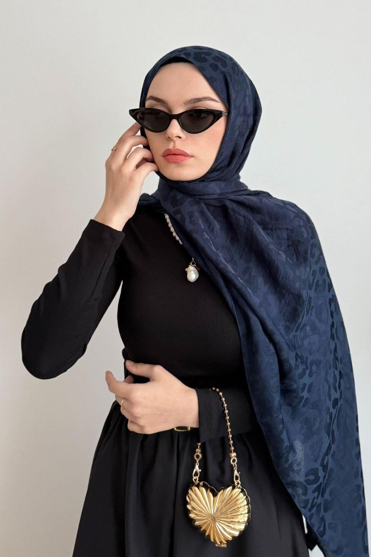 LACİVERT LEOPAR DESENLİ PREMİUM JAKAR ŞAL