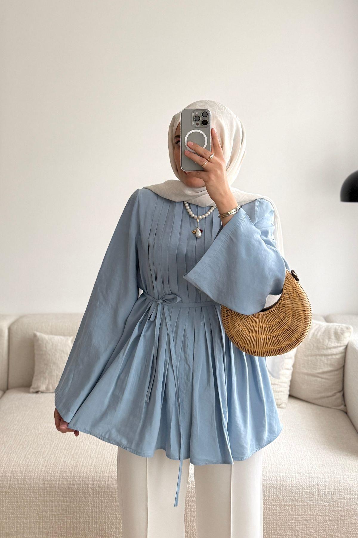 MAVİ ÖNÜ PİLELİ TUNİK