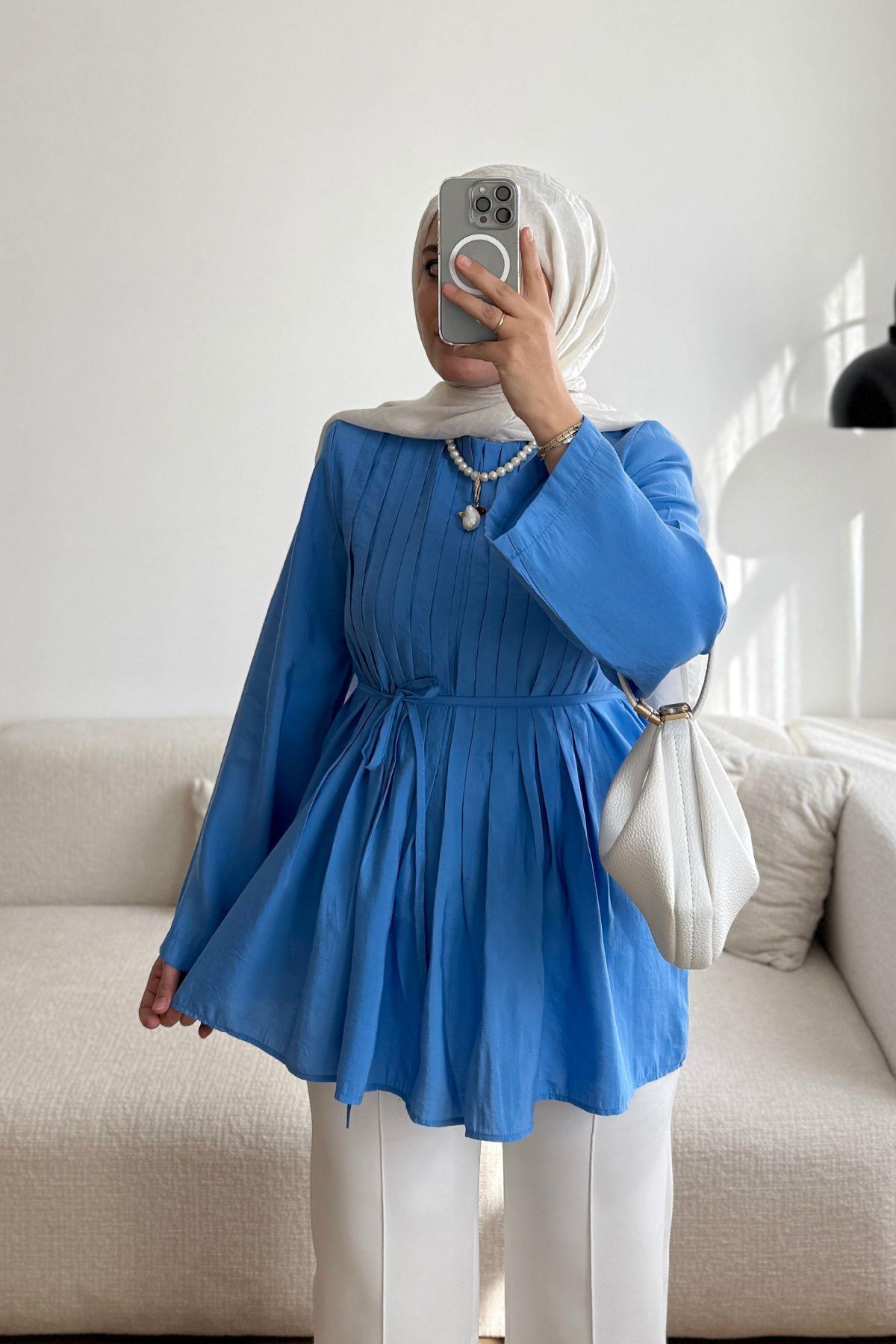 MAVİ ÖNÜ PİLELİ TUNİK