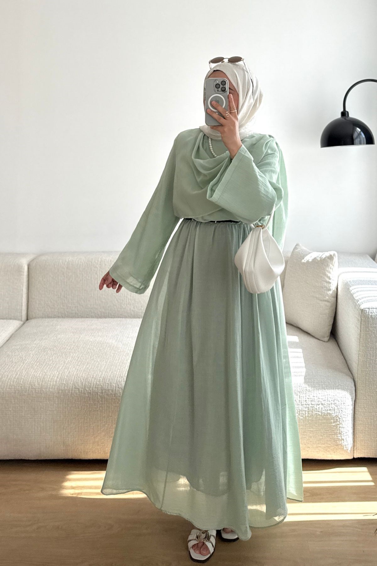 MİNT YEŞİLİ KEMERLİ KETEN ETEK
