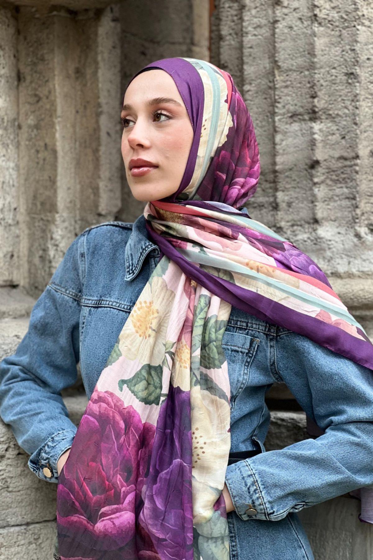 MOR ÇİÇEK DESENLİ ŞAL