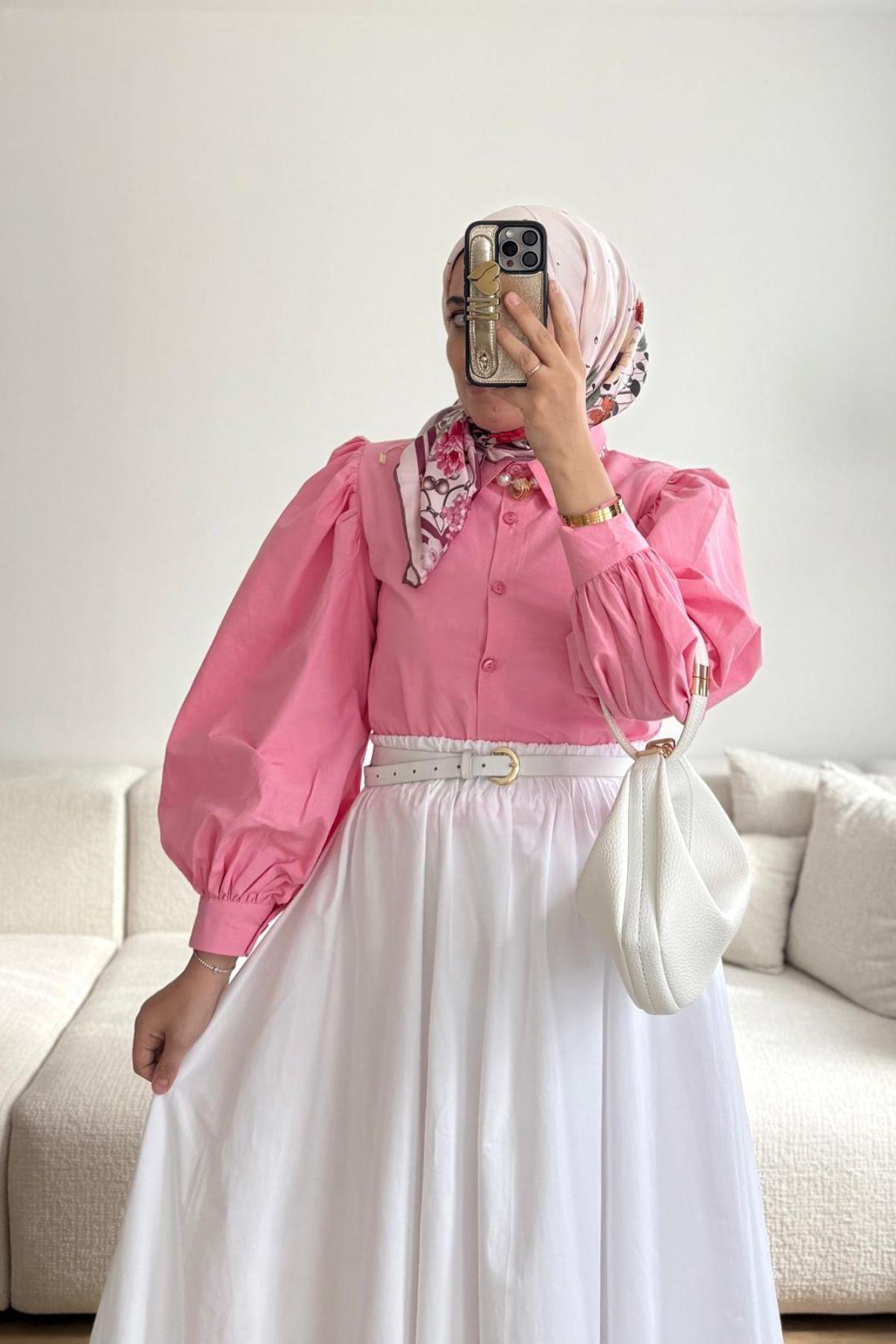 PEMBE BALON KOL KISA GÖMLEK
