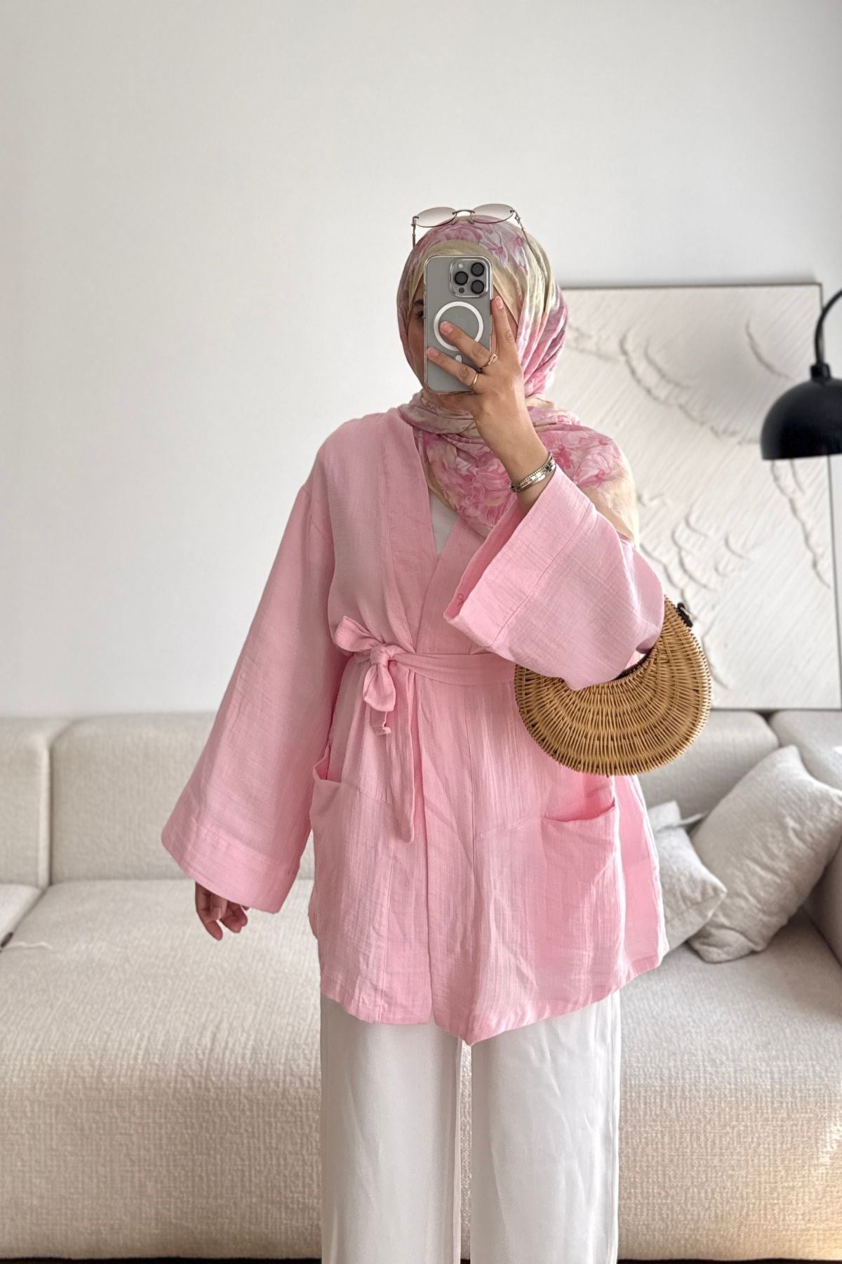 PEMBE MÜSLİN KEMERLİ KİMONO
