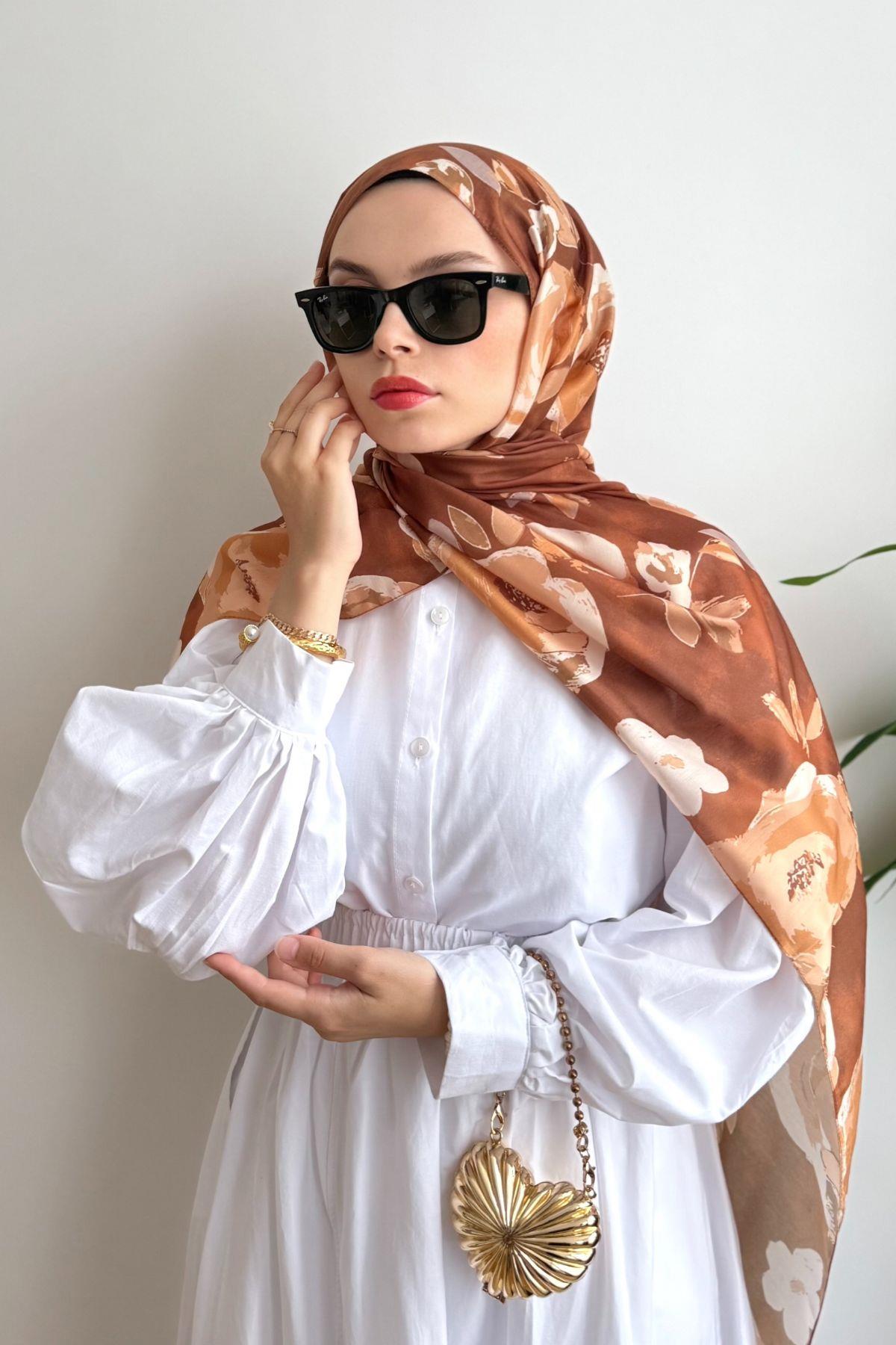 PREMIUM KAHVE ÇİÇEKLİ PAMUKLU ŞAL