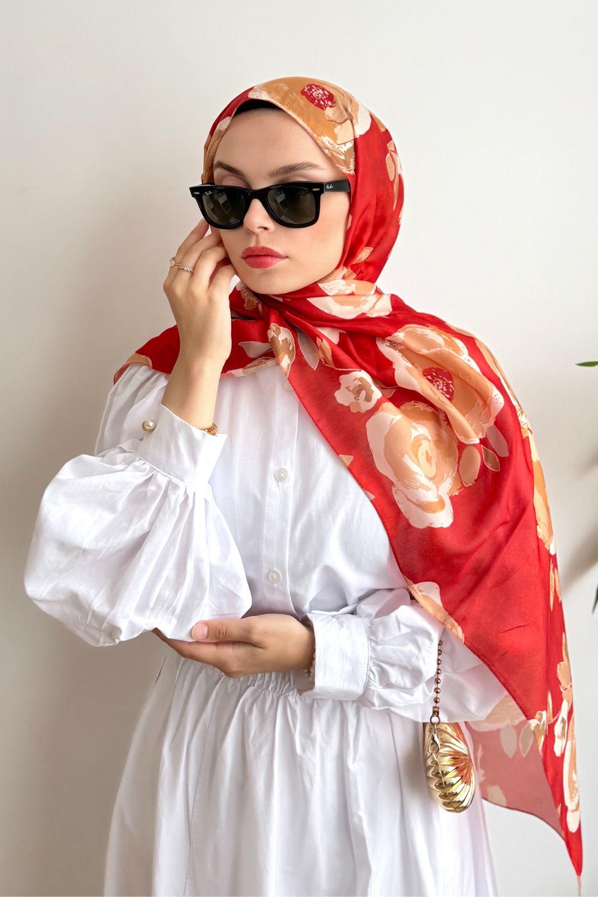 PREMIUM TURUNCU ÇİÇEKLİ PAMUKLU ŞAL