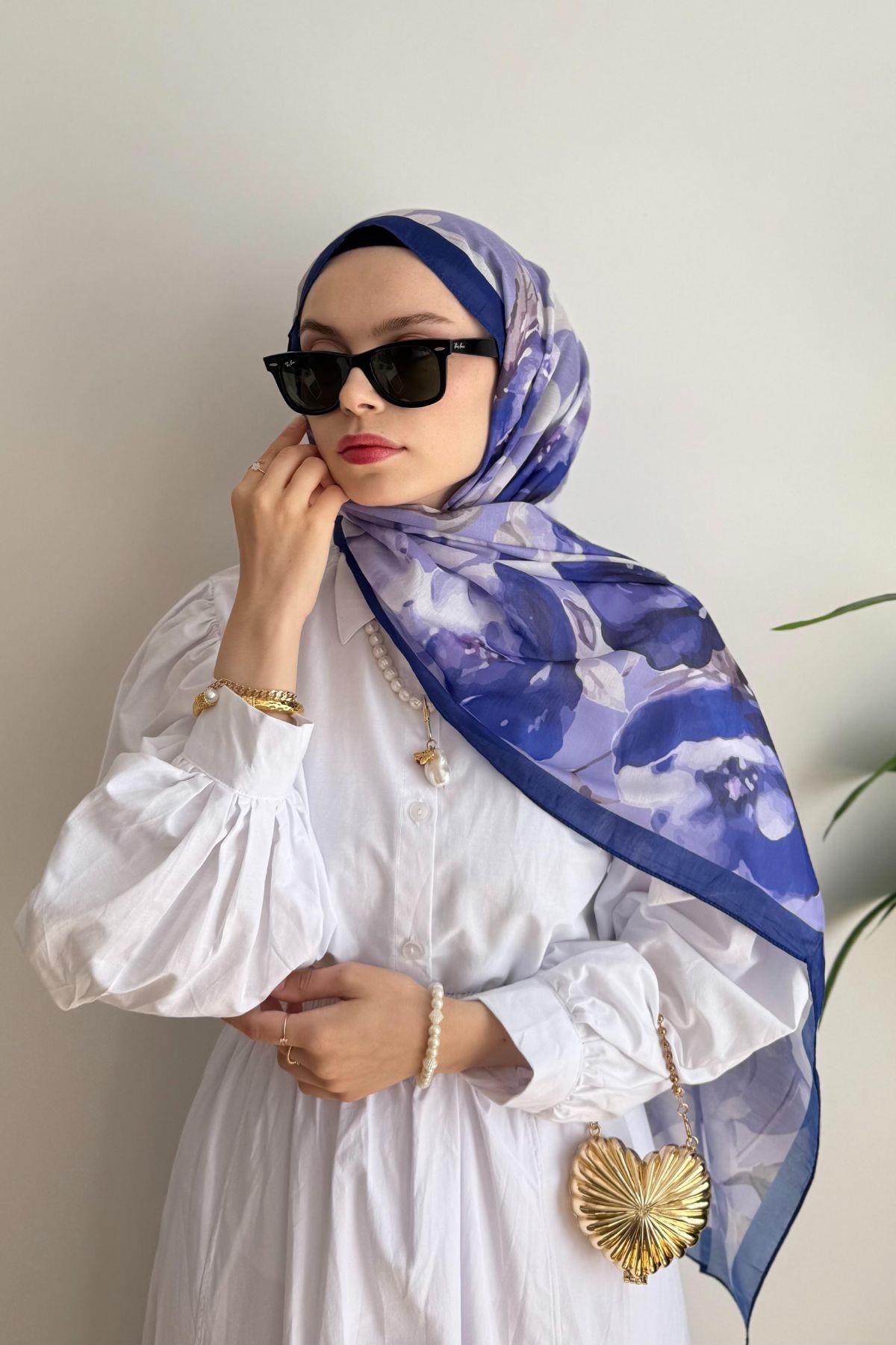 SAKS MAVİ MOR SAKURA ÇİÇEKLİ ŞAL