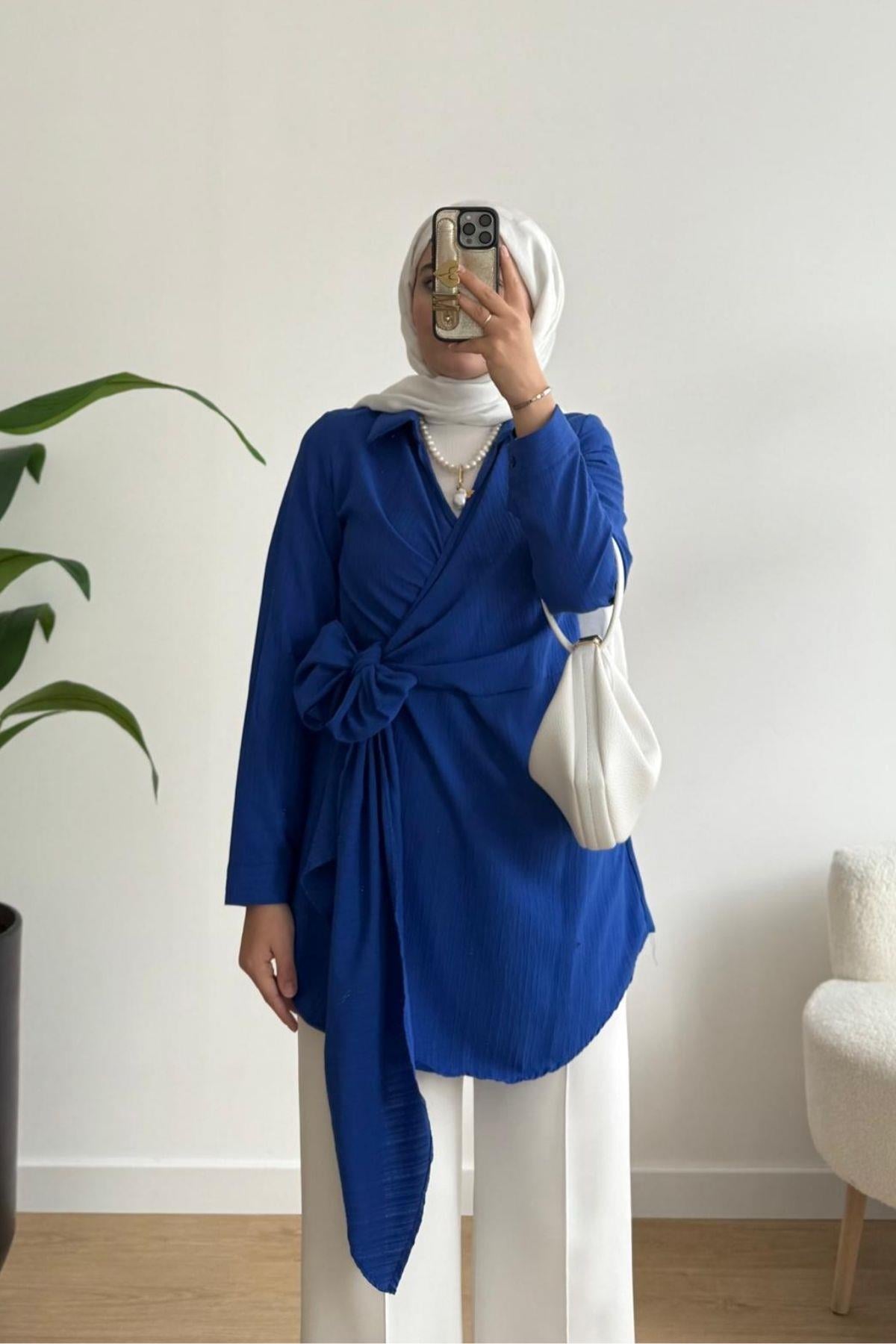 SAKS MAVİ TASARIM KİMONO GÖMLEK