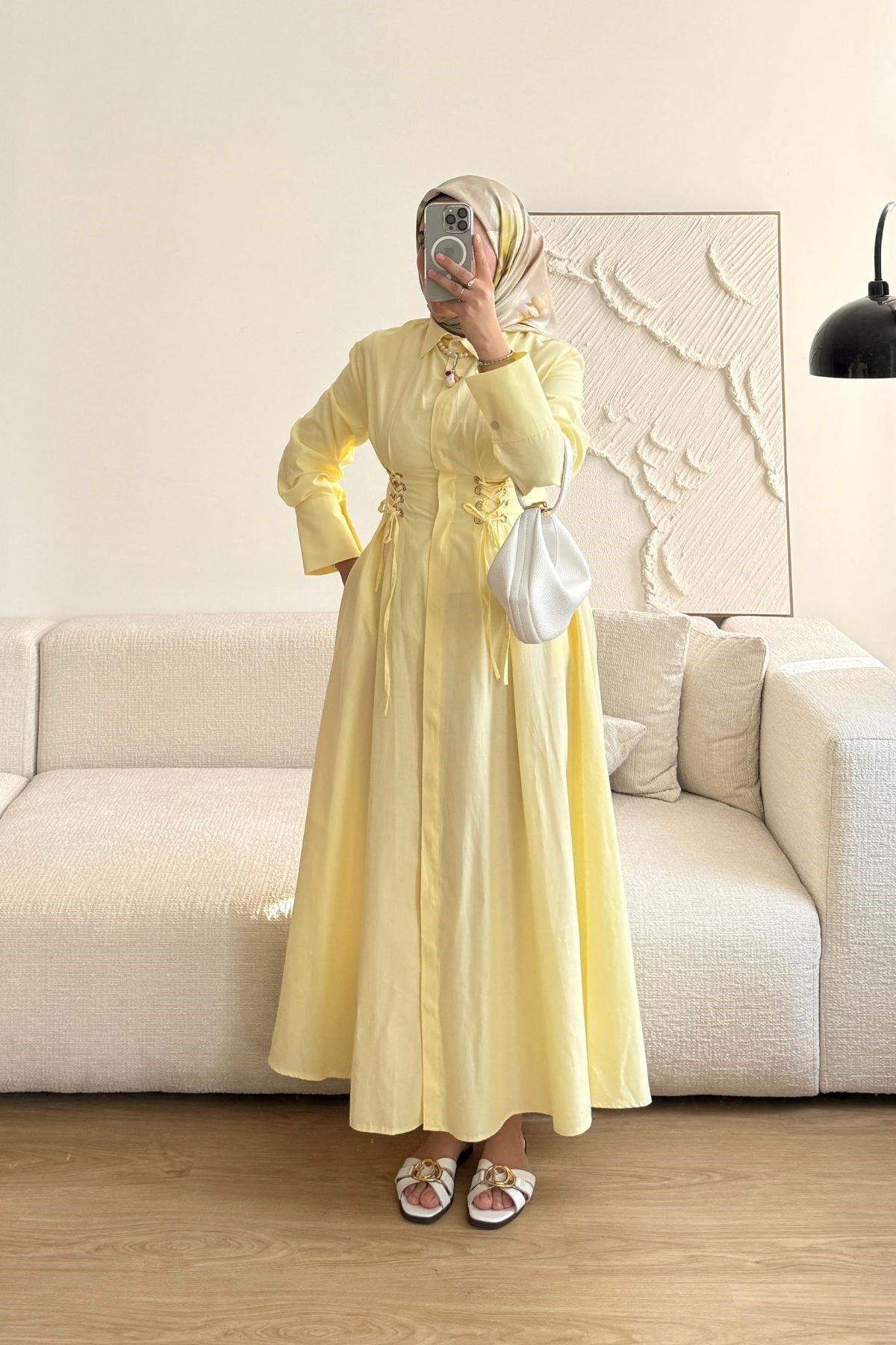 SARI KUŞ GÖZÜ KEMERLİ ELBİSE