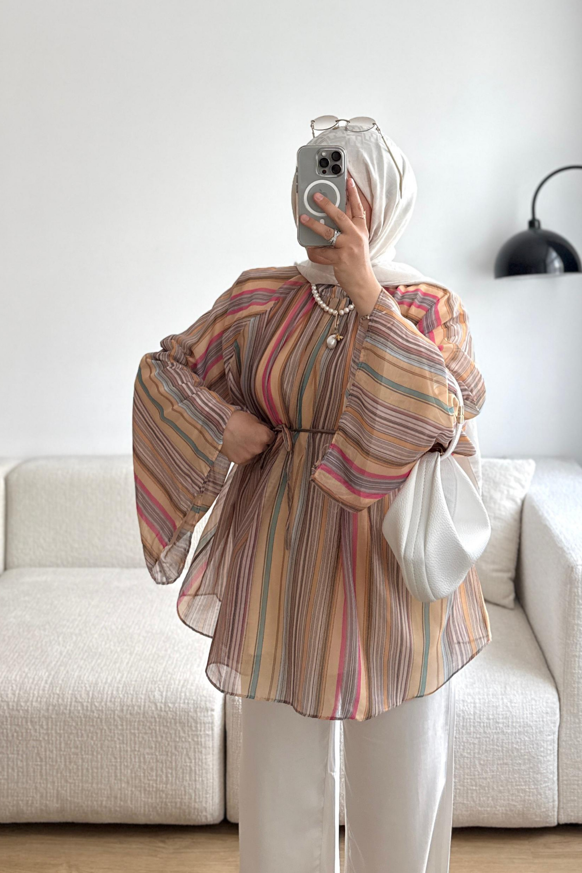 SARI QUFİ ÇİZGİLİ ŞİFON BLUZ