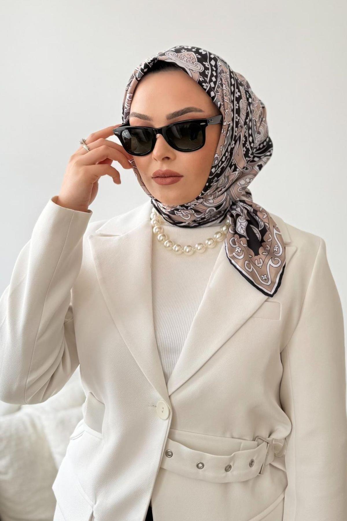 SİYAH ETNİK DESENLİ TWILL EŞARP