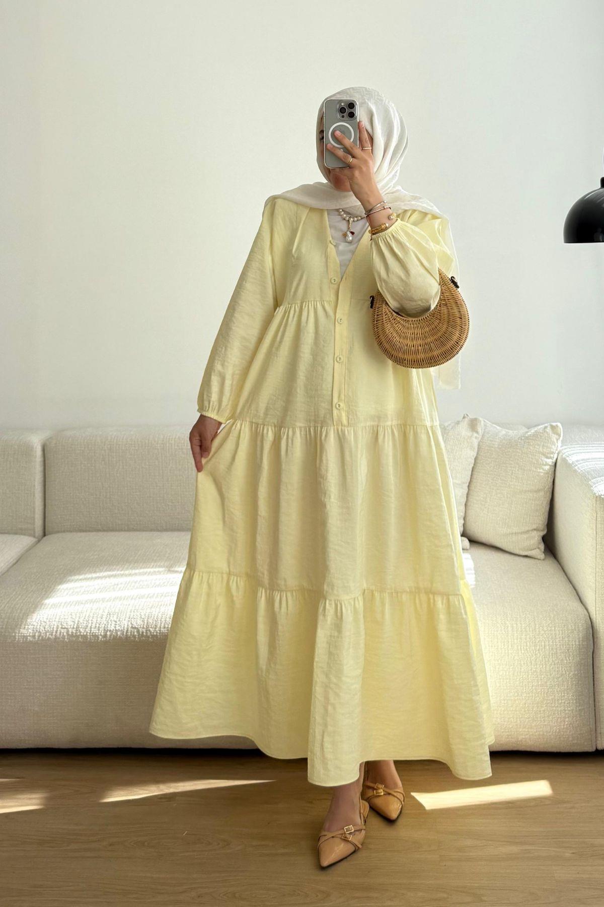SOFT SARI PAMUK VUAL KUMAŞ  ELBİSE 