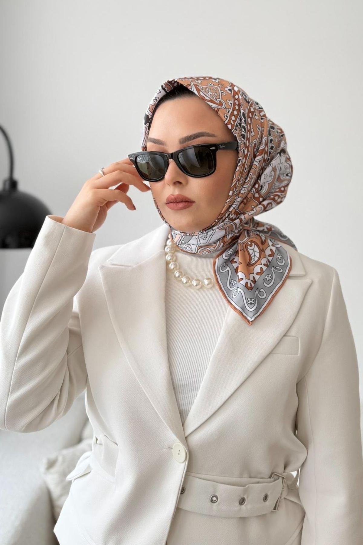 SOFT TURUNCU GRİ ETNİK DESENLİ TWILL EŞARP