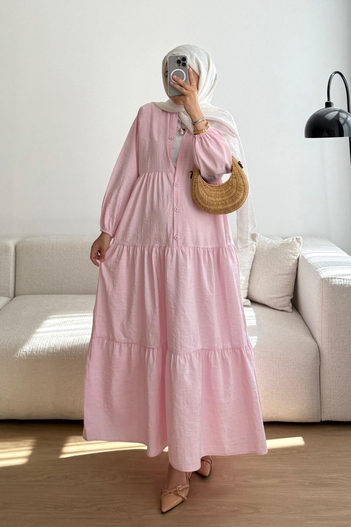 TOZ PEMBE PAMUK VUAL KUMAŞ  ELBİSE 