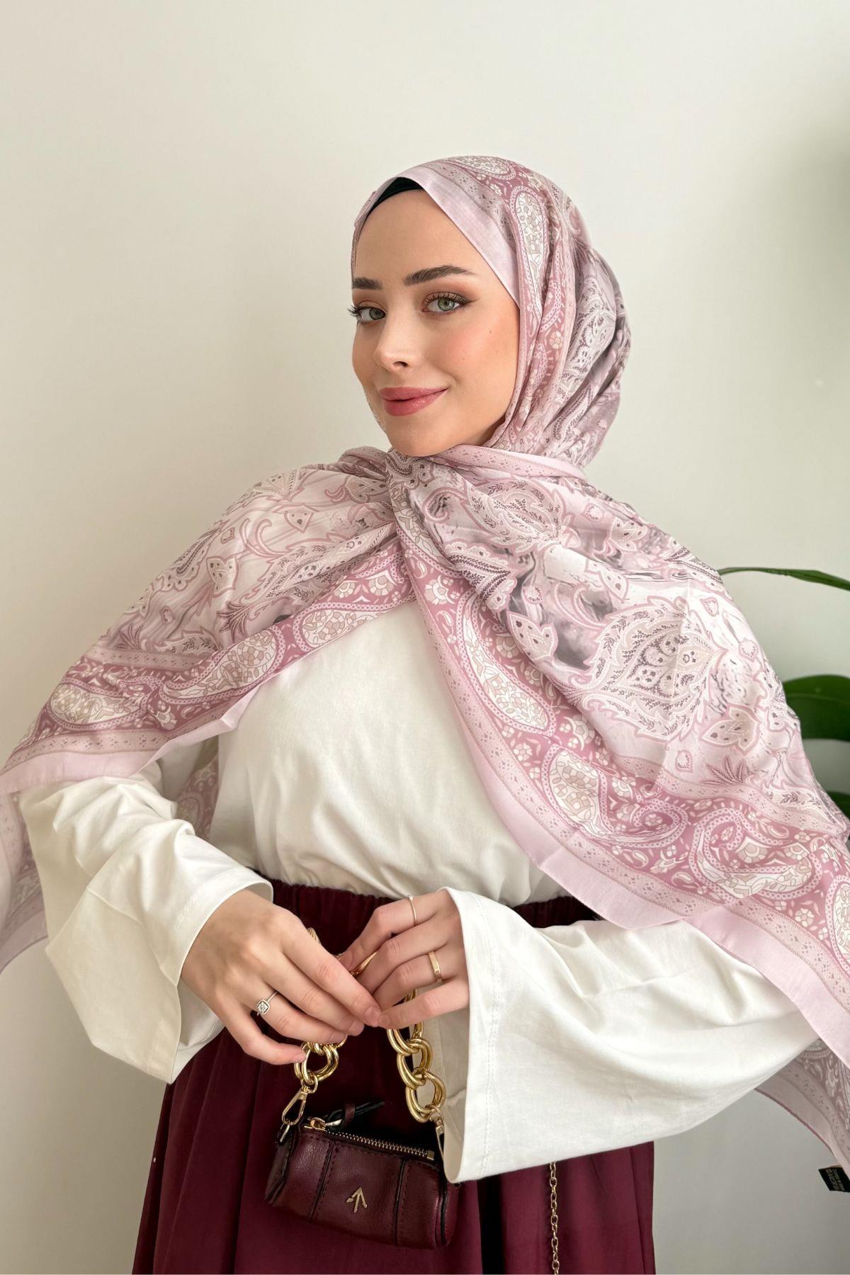 TOZ PEMBE ŞERİTLİ ETNİK DESENLİ ŞAL