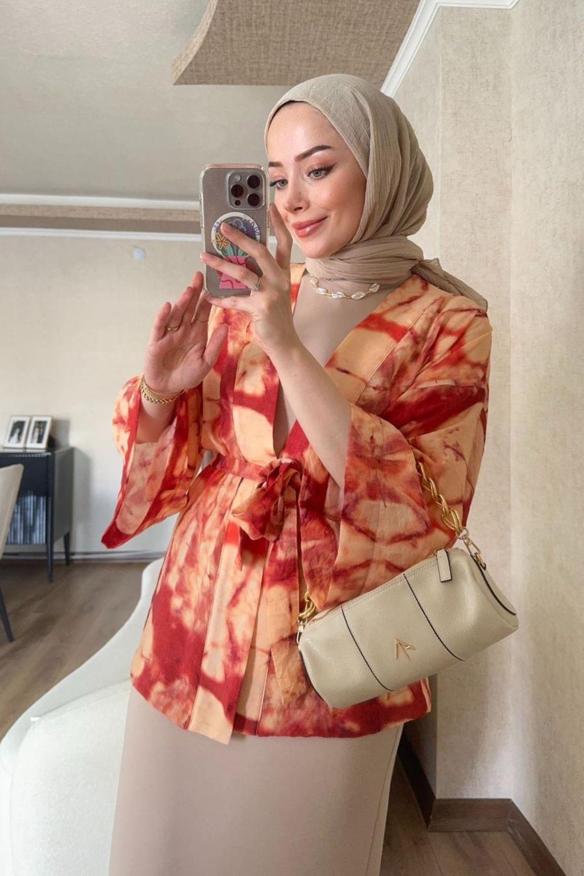 TURUNCU MANGO DESEN KİMONO