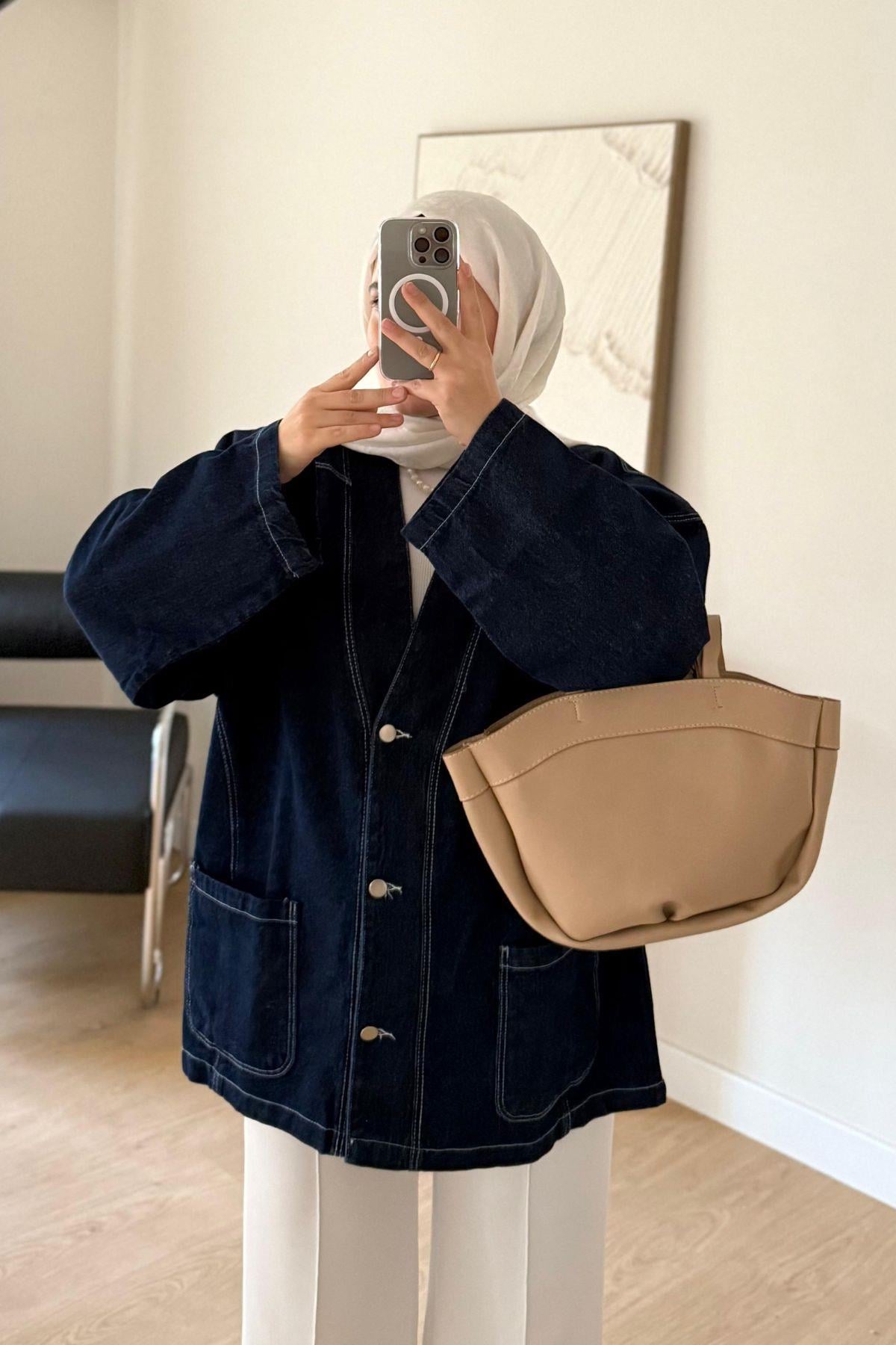 V YAKA KOYU MAVİ OVERSİZE CEKET